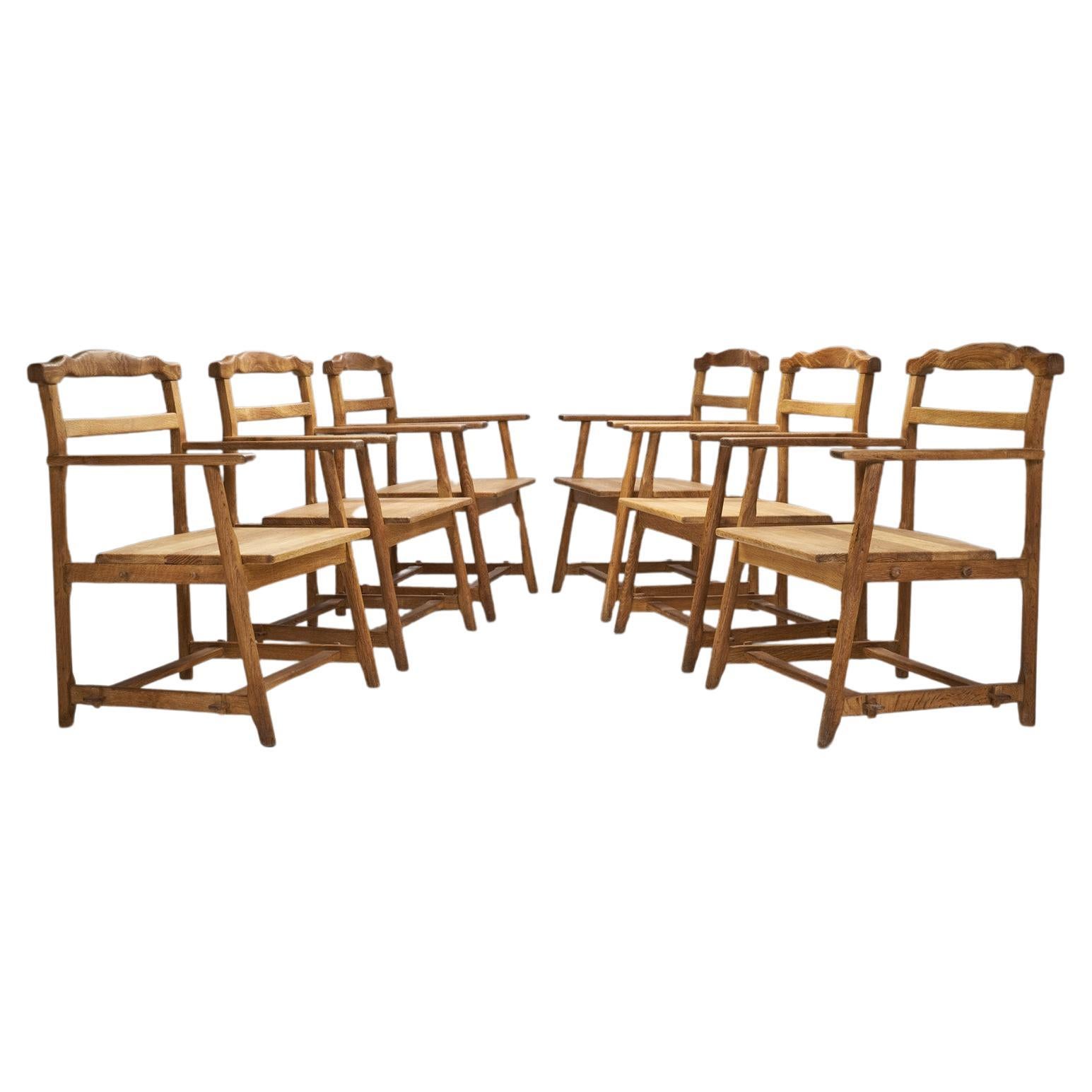 Set of Six Brutalist Solid Oak Dining Chairs, Europe 1960s