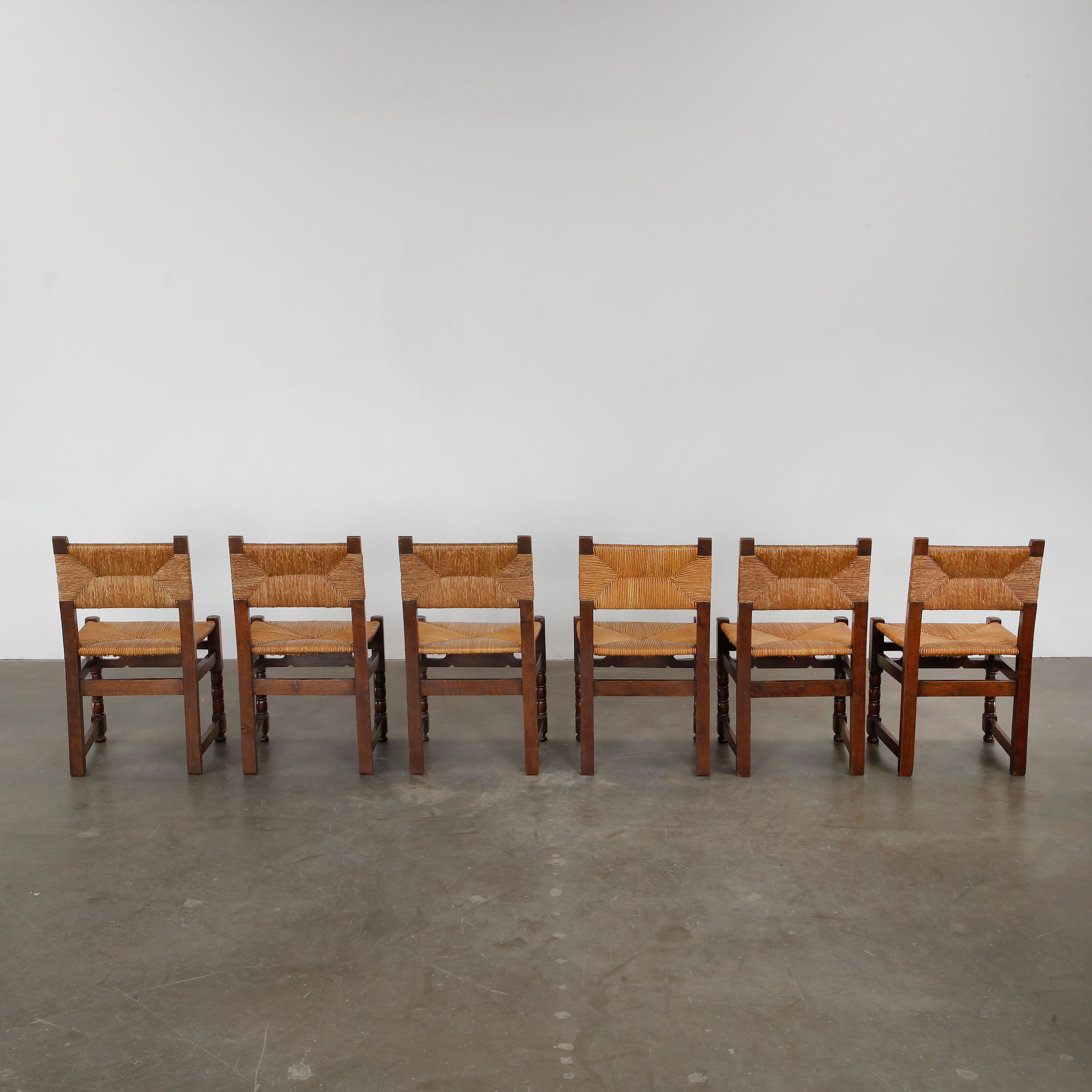 Mid-Century moderno Set of Six Brutalist Wood and Rope Chairs, 1960s in vendita