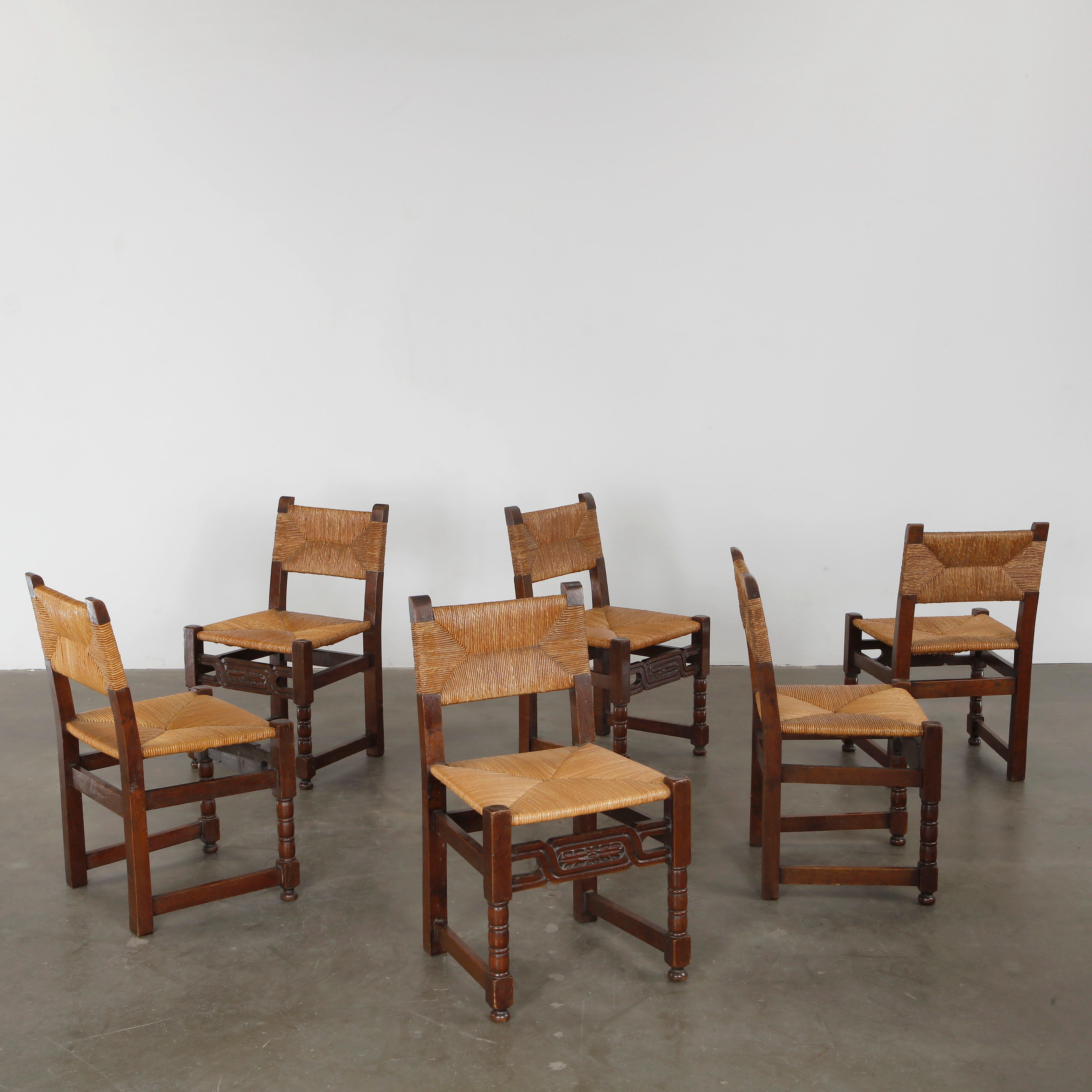 Francese Set of Six Brutalist Wood and Rope Chairs, 1960s in vendita