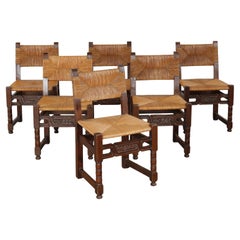Set of Six Brutalist Wood and Rope Chairs, 1960s