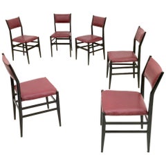 Set of Six Burgundy "Leggera" Chairs by Gio Ponti for Cassina, Italy, 1950s