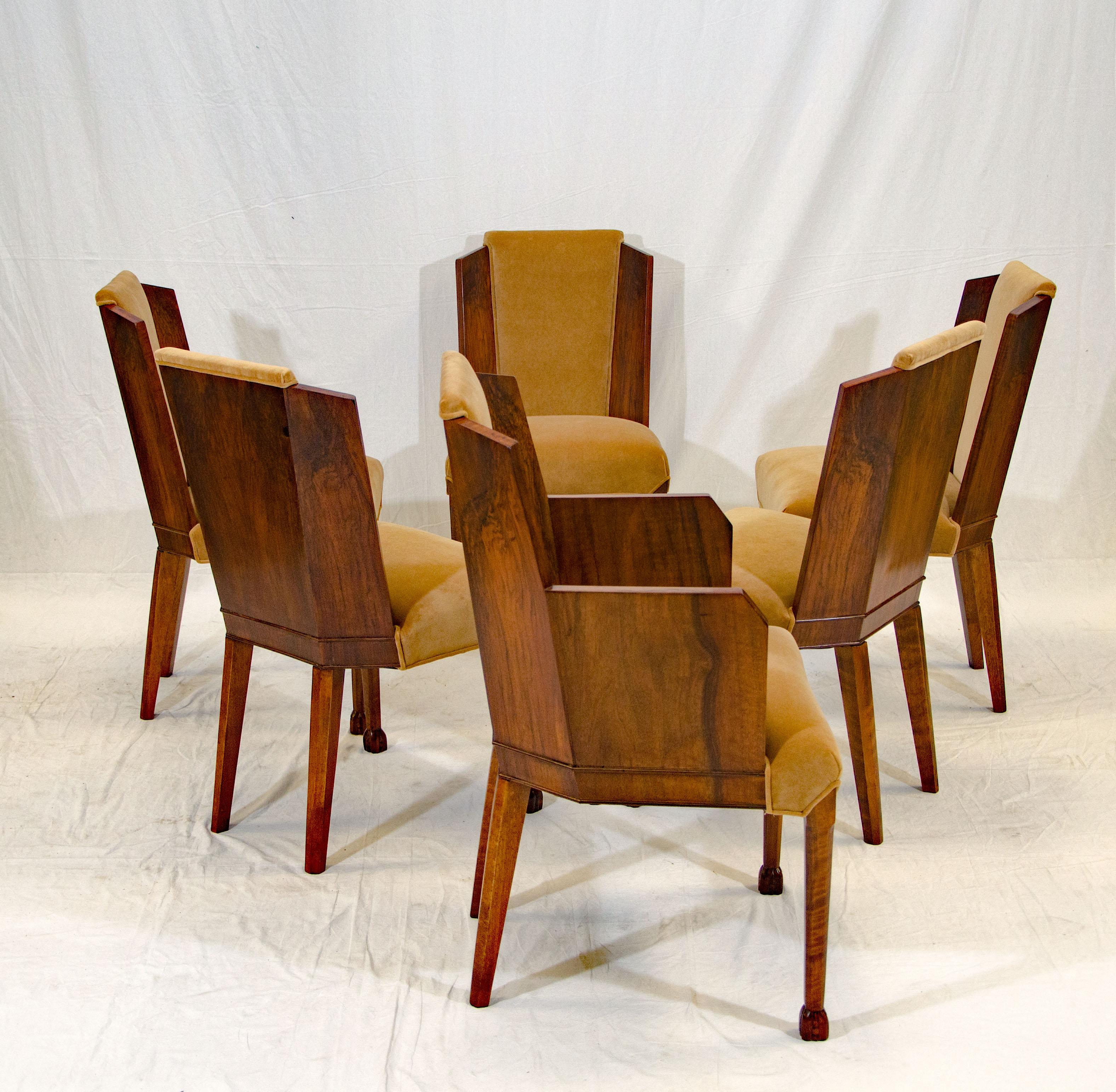 Set of Six Burl Walnut French Art Deco Dining Chairs In Good Condition For Sale In Crockett, CA