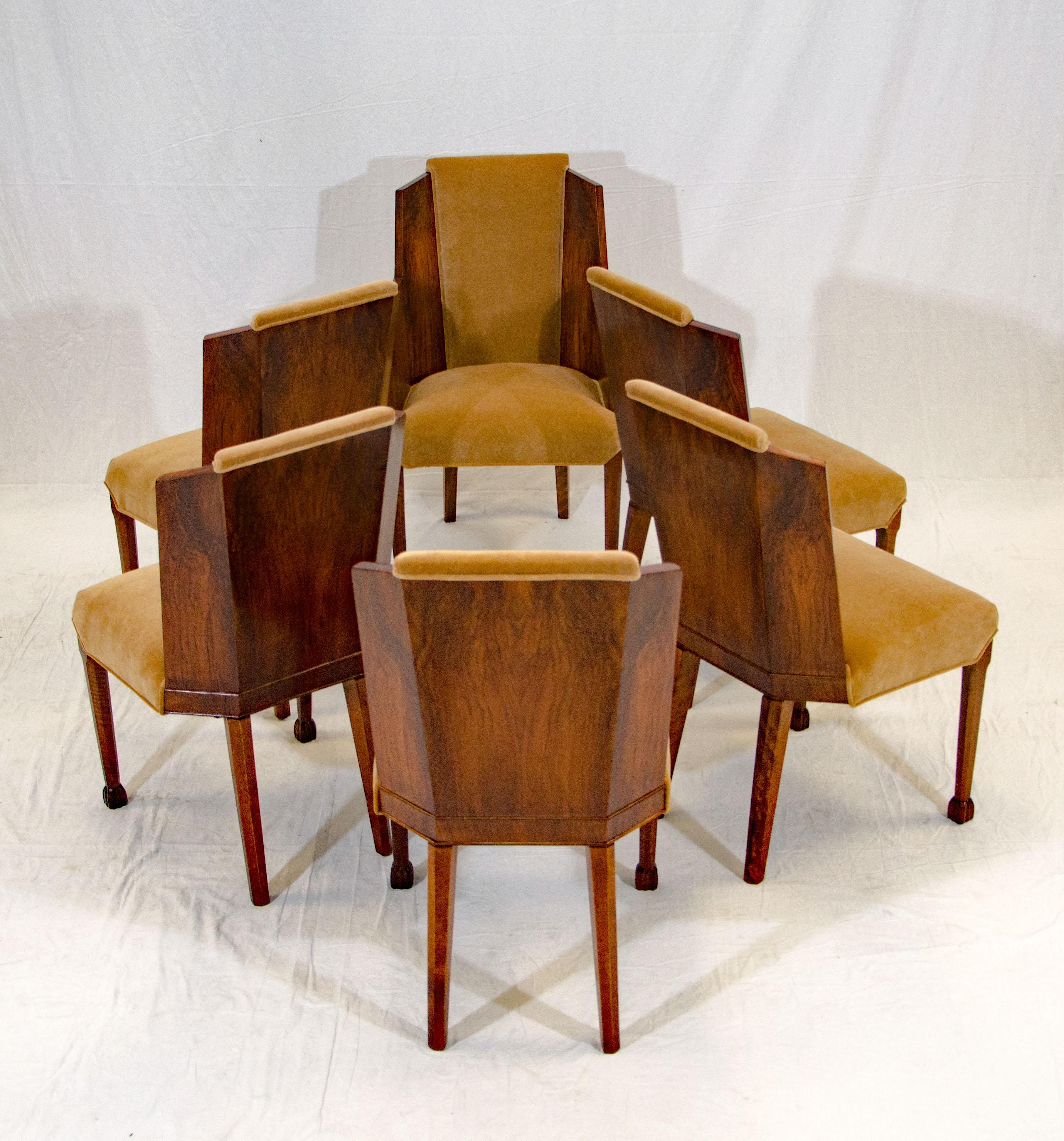 20th Century Set of Six Burl Walnut French Art Deco Dining Chairs For Sale