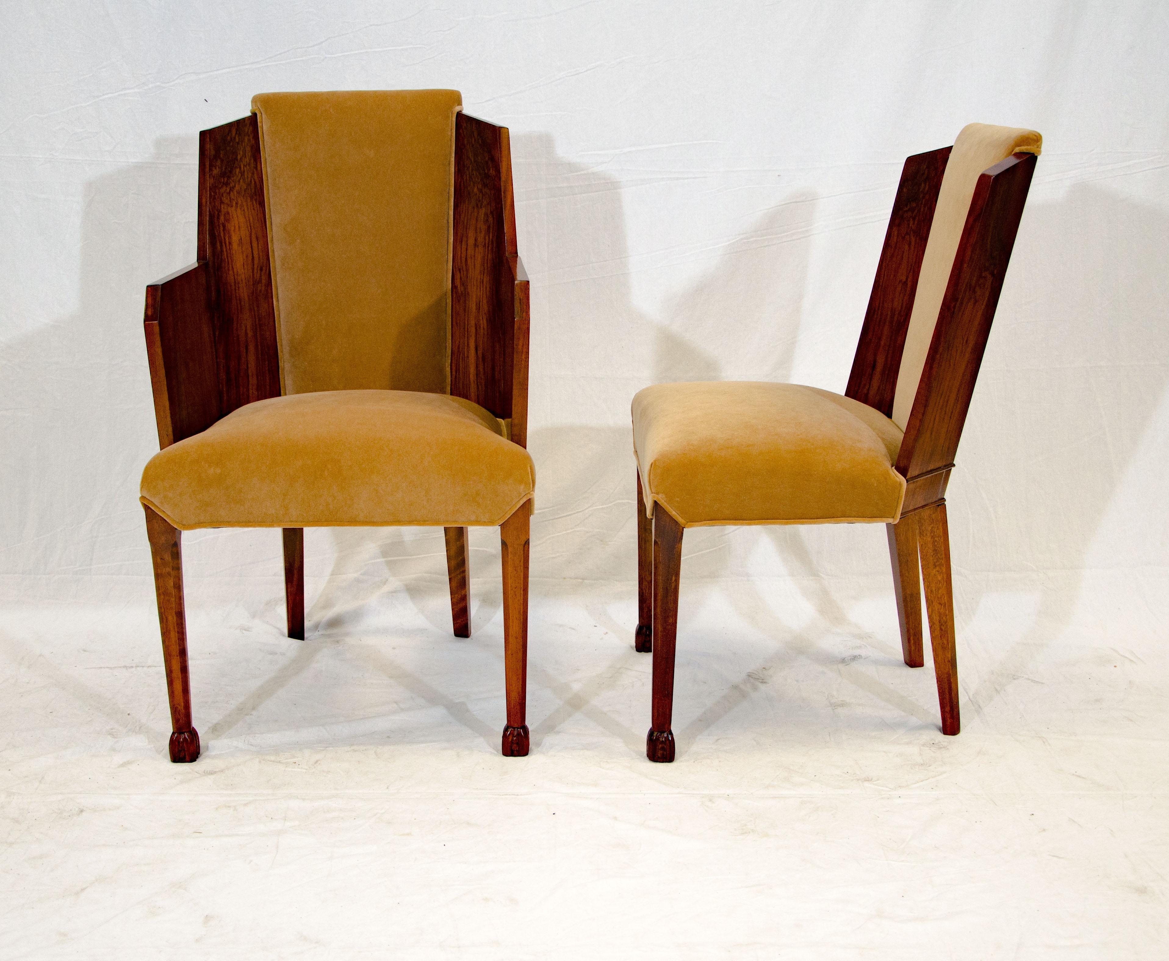 Set of Six Burl Walnut French Art Deco Dining Chairs For Sale 2