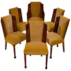 Set of Six Burl Walnut French Art Deco Dining Chairs
