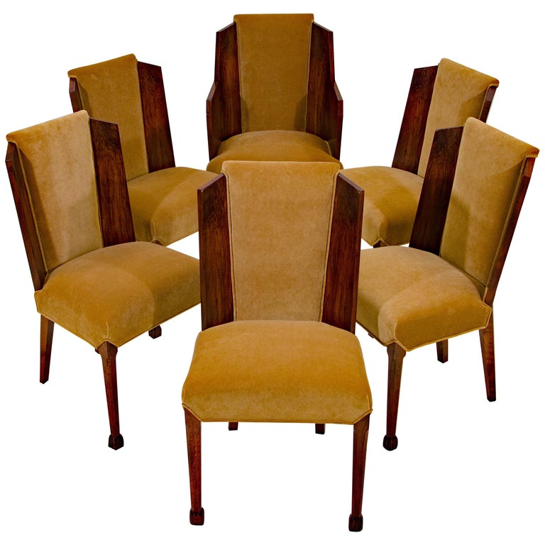 Set of Six Burl Walnut French Art Deco Dining Chairs For Sale at 1stDibs