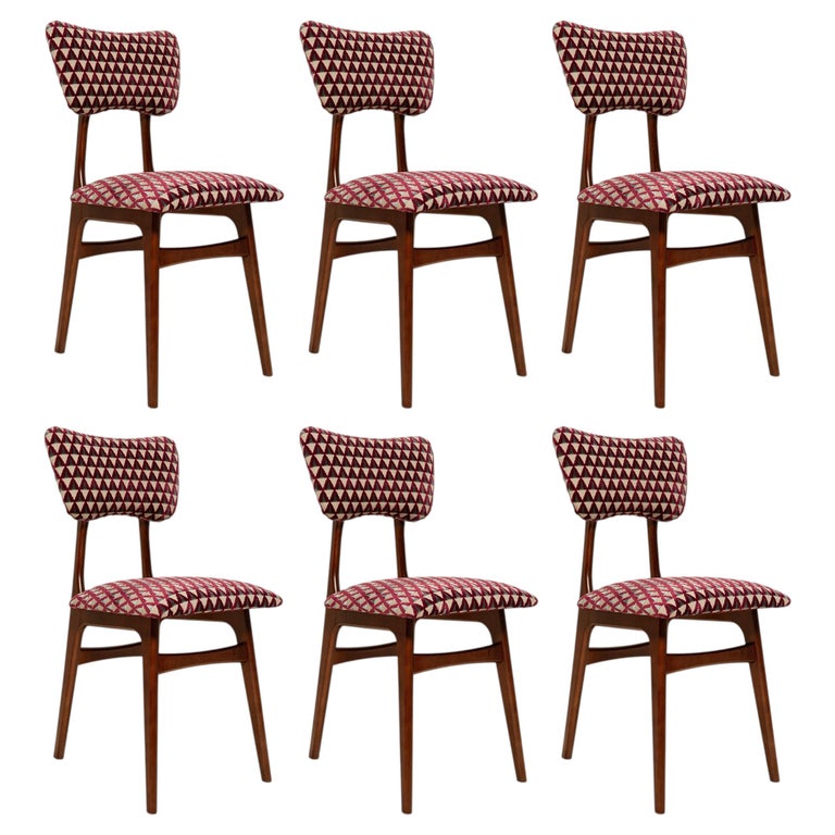 Set of Six Butterfly Chairs, Burgundy Velvet Amuleto, Dedar, Walnut Wood, 1960