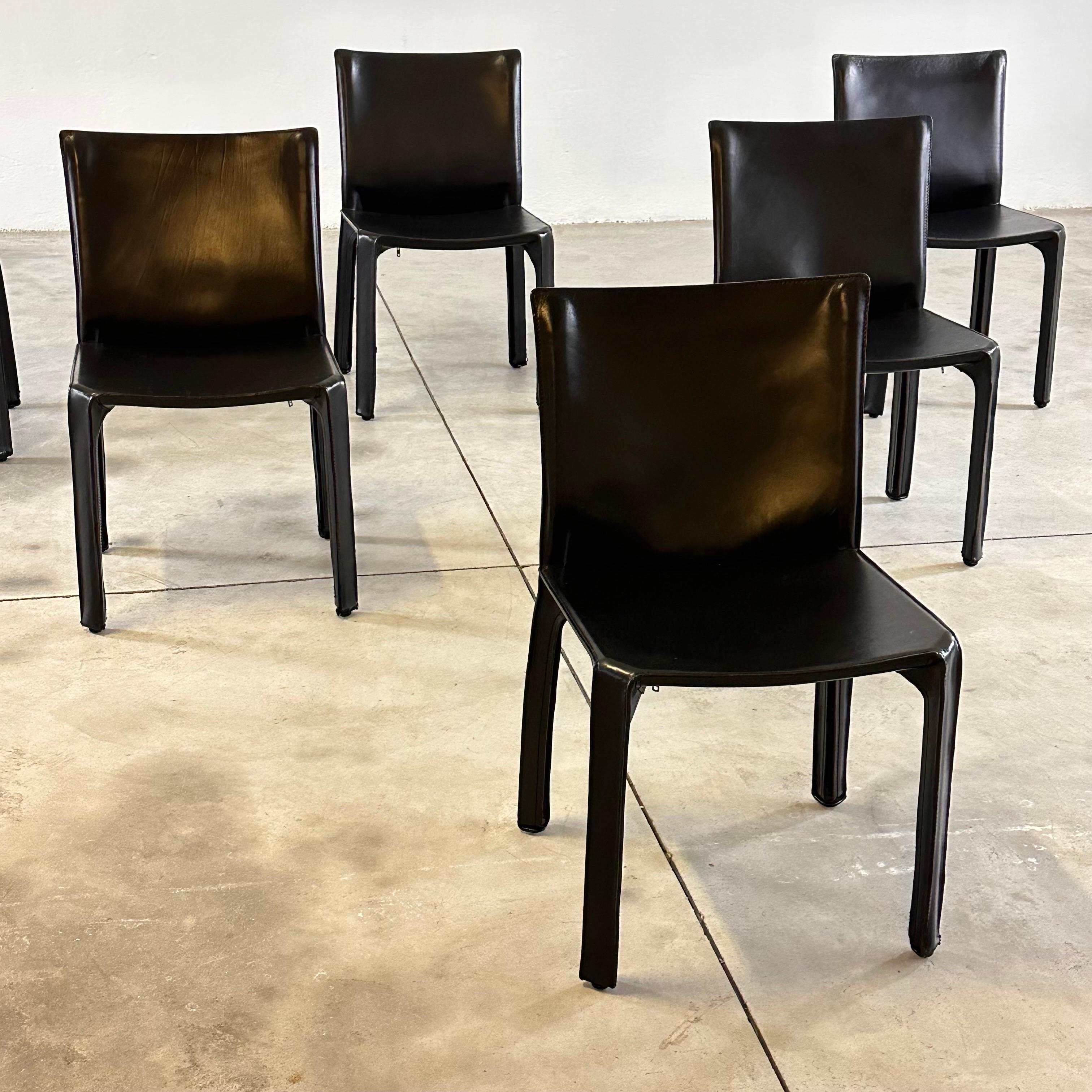 Mid-Century Modern Set of Six CAB 412 Chairs by Mario Bellini for Cassina in Black Leather, 1970s