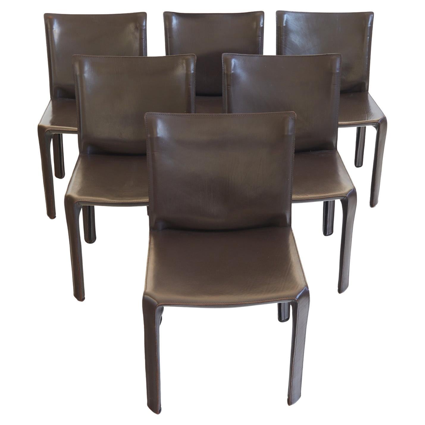 Set di sei sedie CAB 412 in pelle color cioccolato di Mario Bellini, Cassina 1980