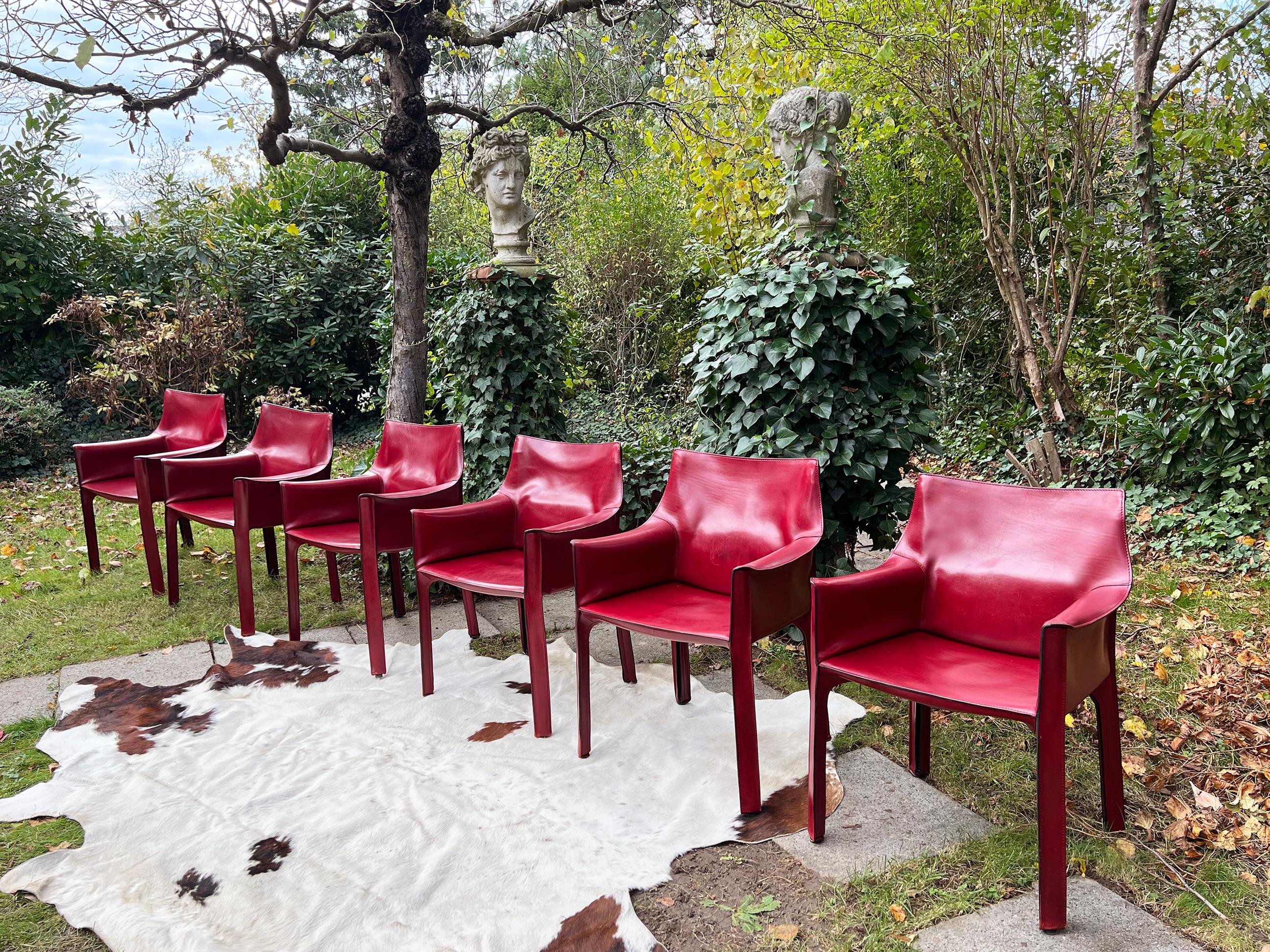 Fabulous, RARE set of 6 original Mario Bellini for Cassina 414 Cab Armchairs!
Complete set, in beautiful leather.

Worldwide custom shipping available--We will custom package and ship these chairs via airmail to your door, insured, requiring