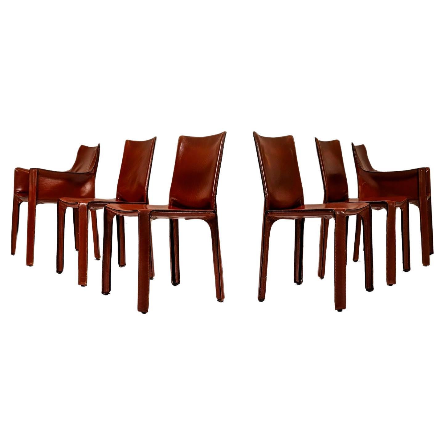 Set Of Six 'CAB' Chairs In Burgundy Leather By Mario Bellini For Cassina, Italy  For Sale