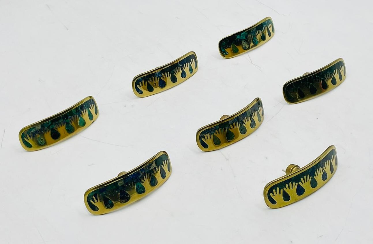 Set of Six Cabinet Pulls in Brass & Stone Inlay by Los Castillo, Mexico 1950's For Sale 5
