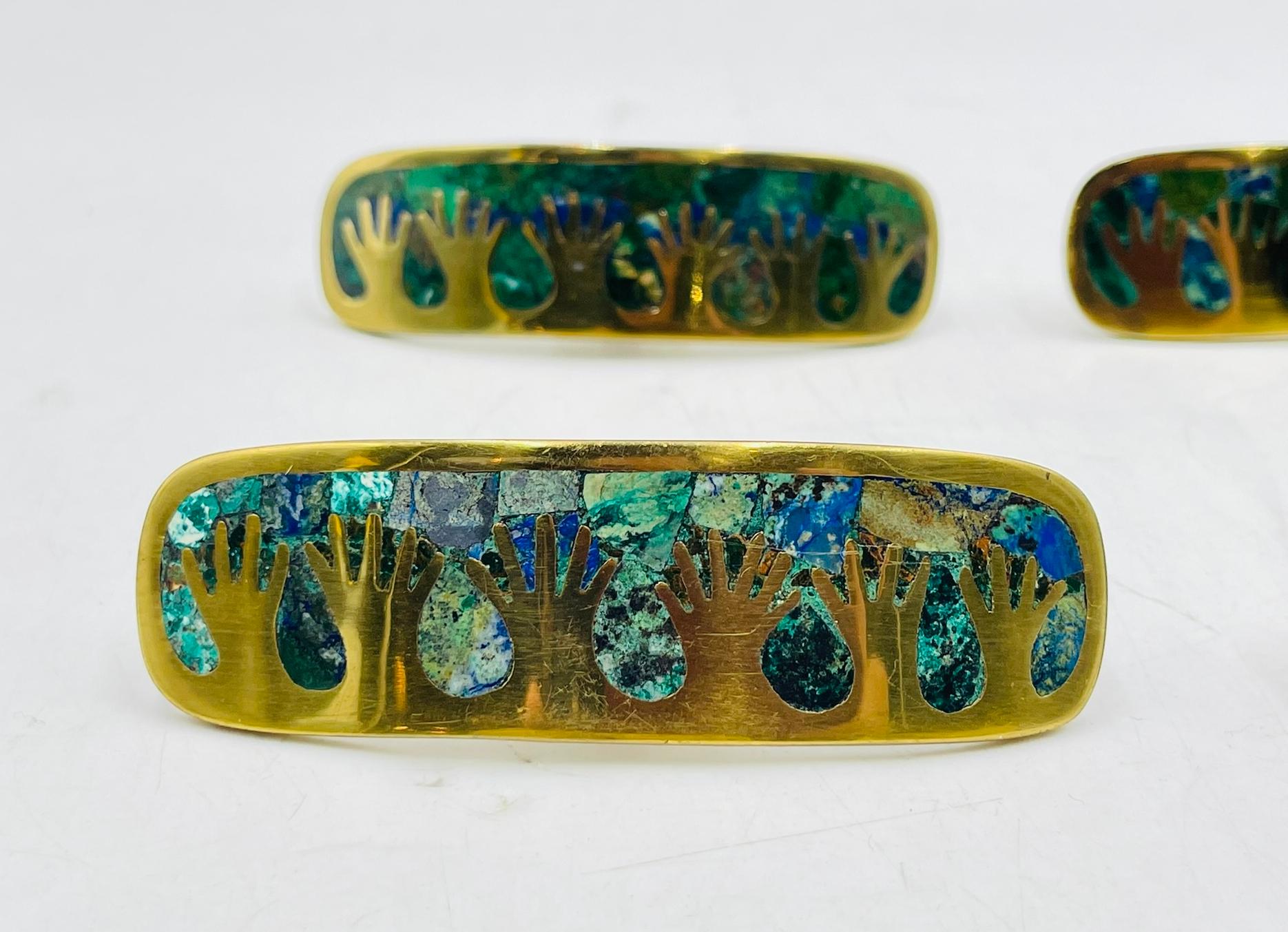 Set of Six Cabinet Pulls in Brass & Stone Inlay by Los Castillo, Mexico 1950's For Sale 6