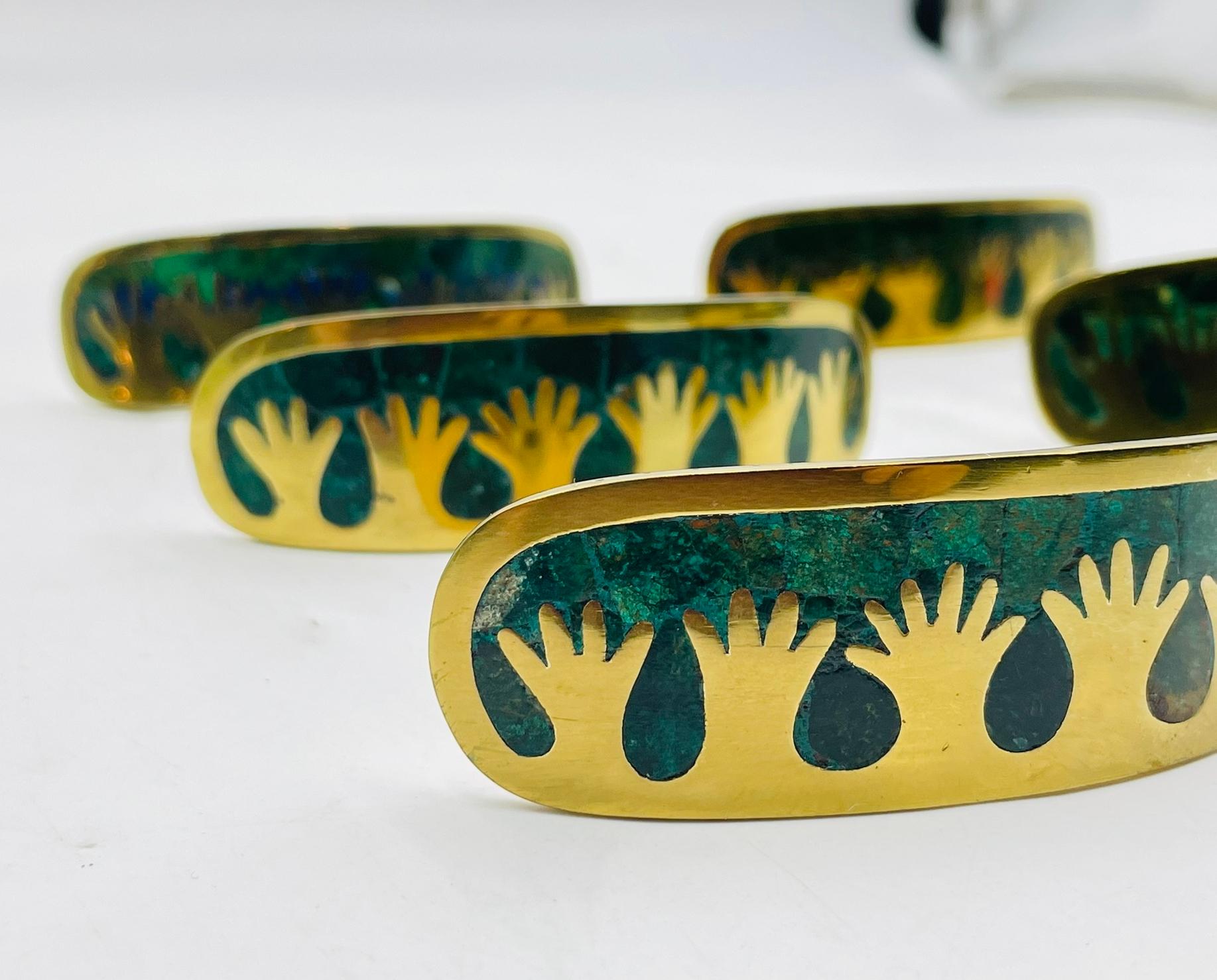 Set of Six Cabinet Pulls in Brass & Stone Inlay by Los Castillo, Mexico 1950's For Sale 7