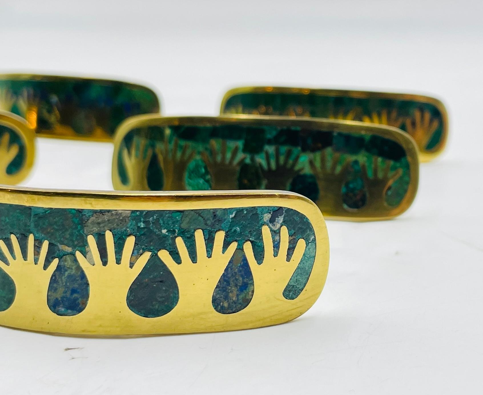 Set of Six Cabinet Pulls in Brass & Stone Inlay by Los Castillo, Mexico 1950's For Sale 8