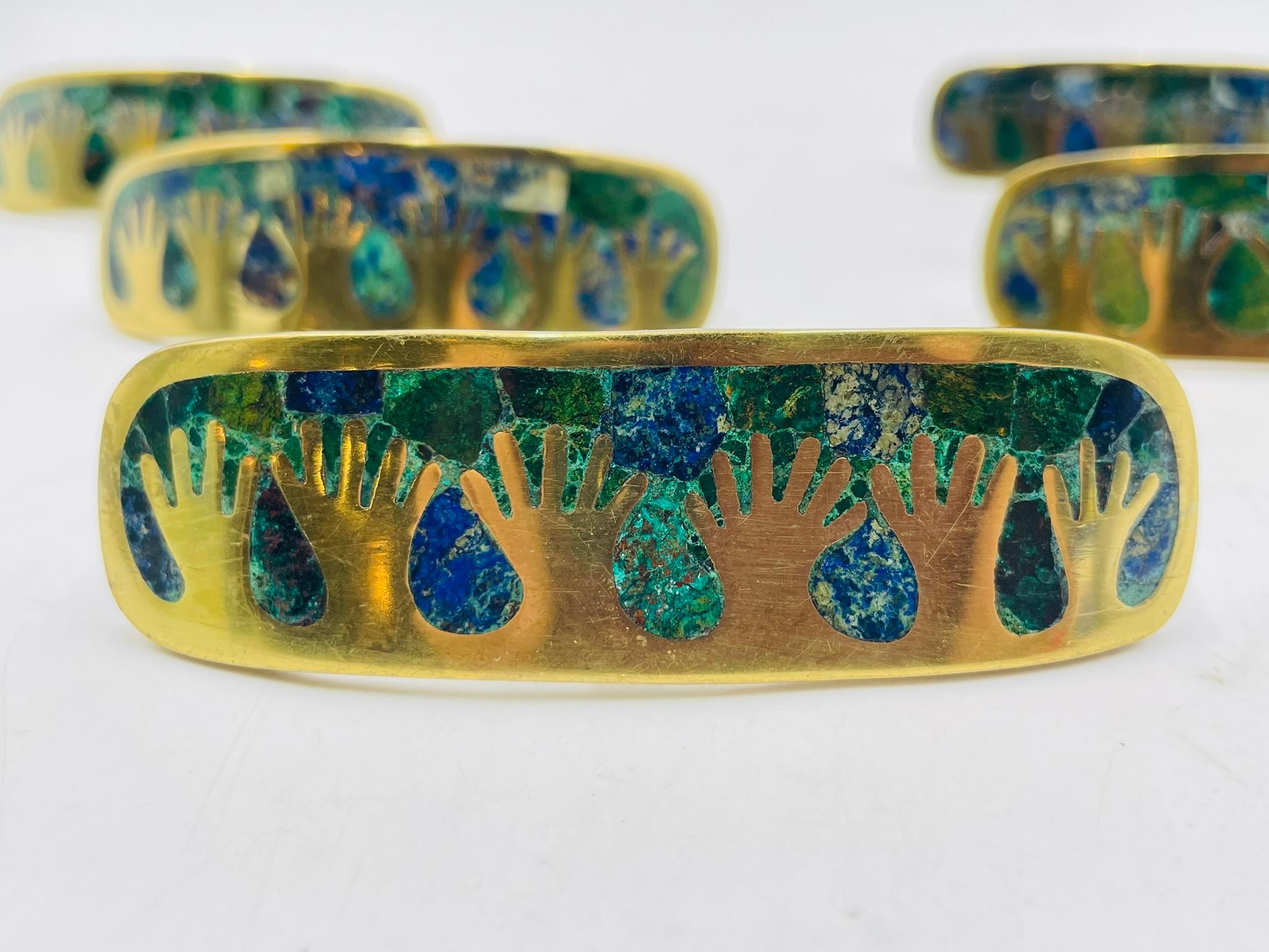 Set of Six Cabinet Pulls in Brass & Stone Inlay by Los Castillo, Mexico 1950's For Sale 9