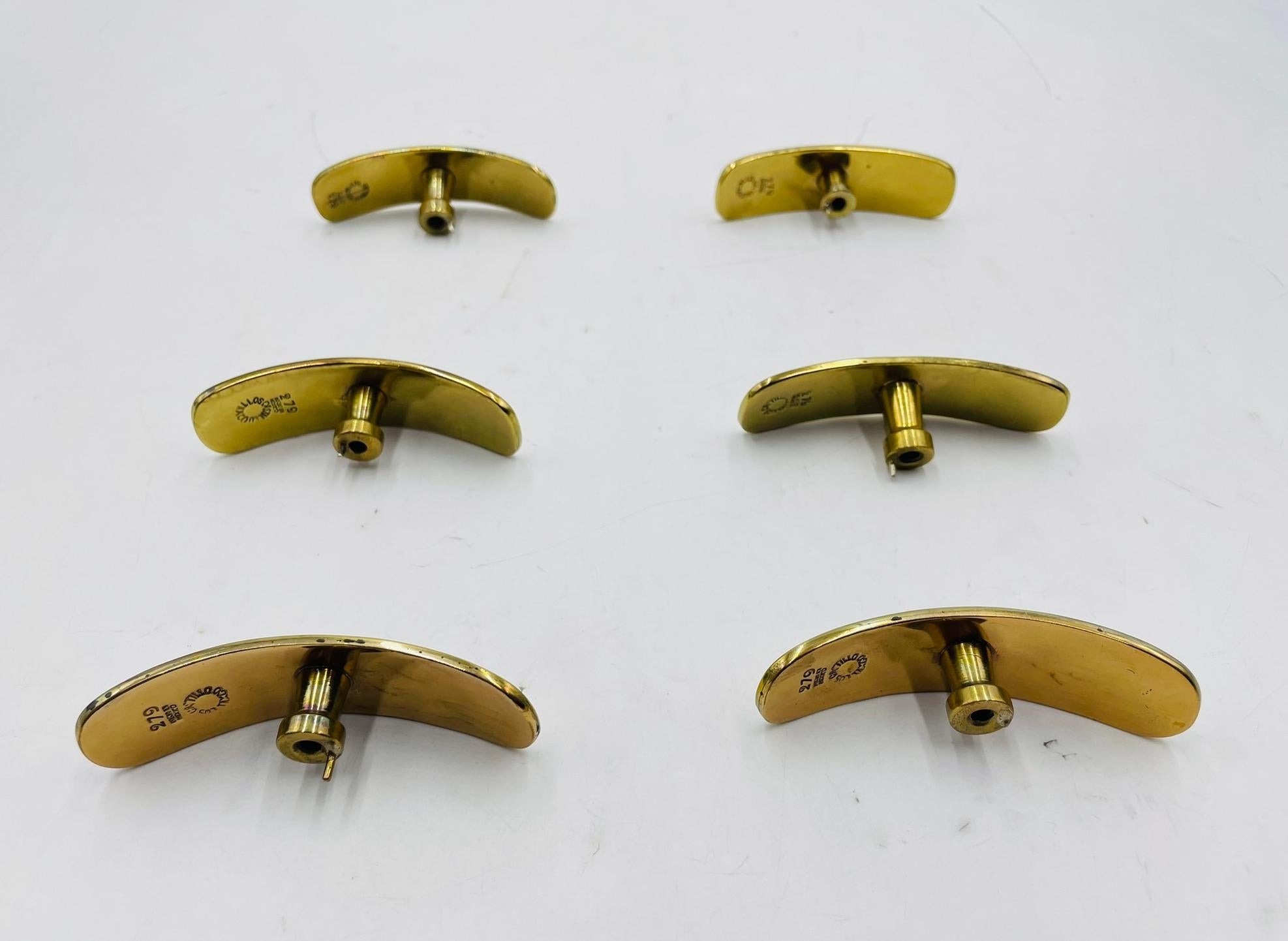 Set of Six Cabinet Pulls in Brass & Stone Inlay by Los Castillo, Mexico 1950's For Sale 11