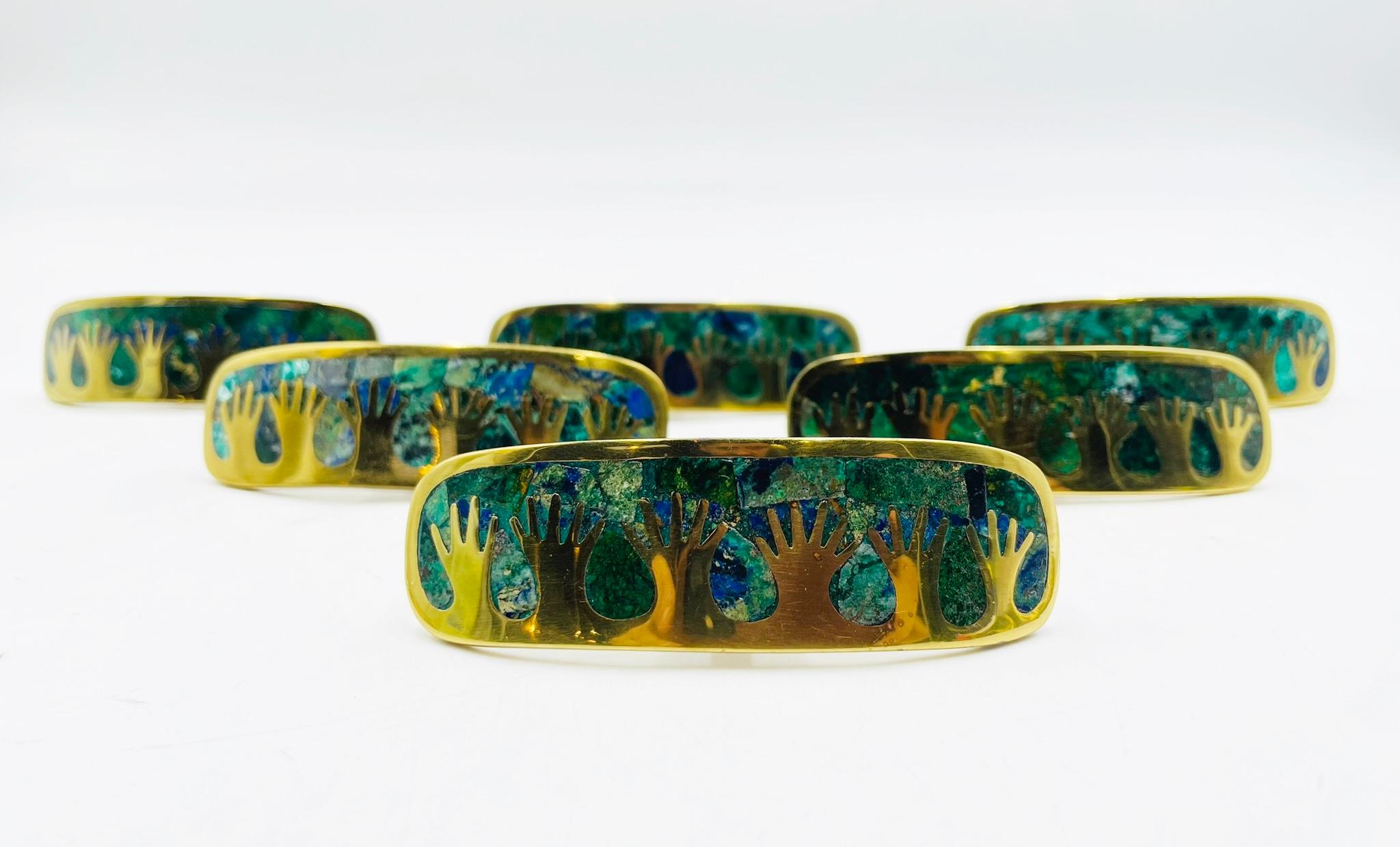 Hand-Crafted Set of Six Cabinet Pulls in Brass & Stone Inlay by Los Castillo, Mexico 1950's For Sale