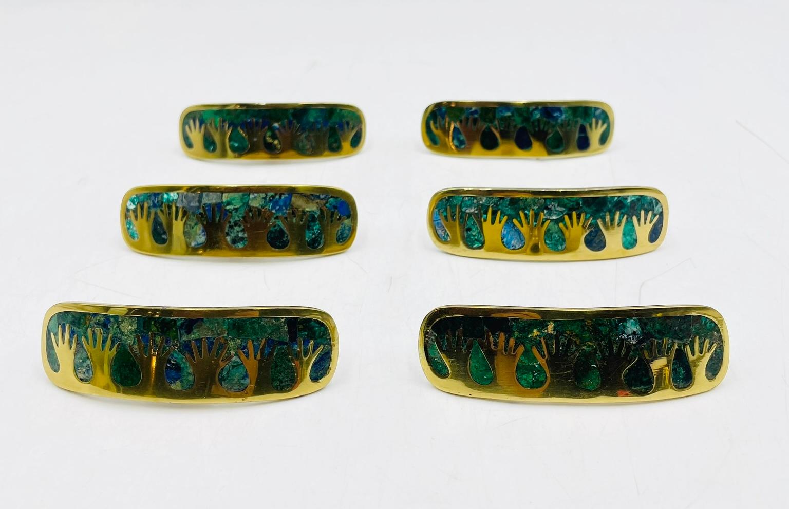 Set of Six Cabinet Pulls in Brass & Stone Inlay by Los Castillo, Mexico 1950's In Good Condition For Sale In Los Angeles, CA