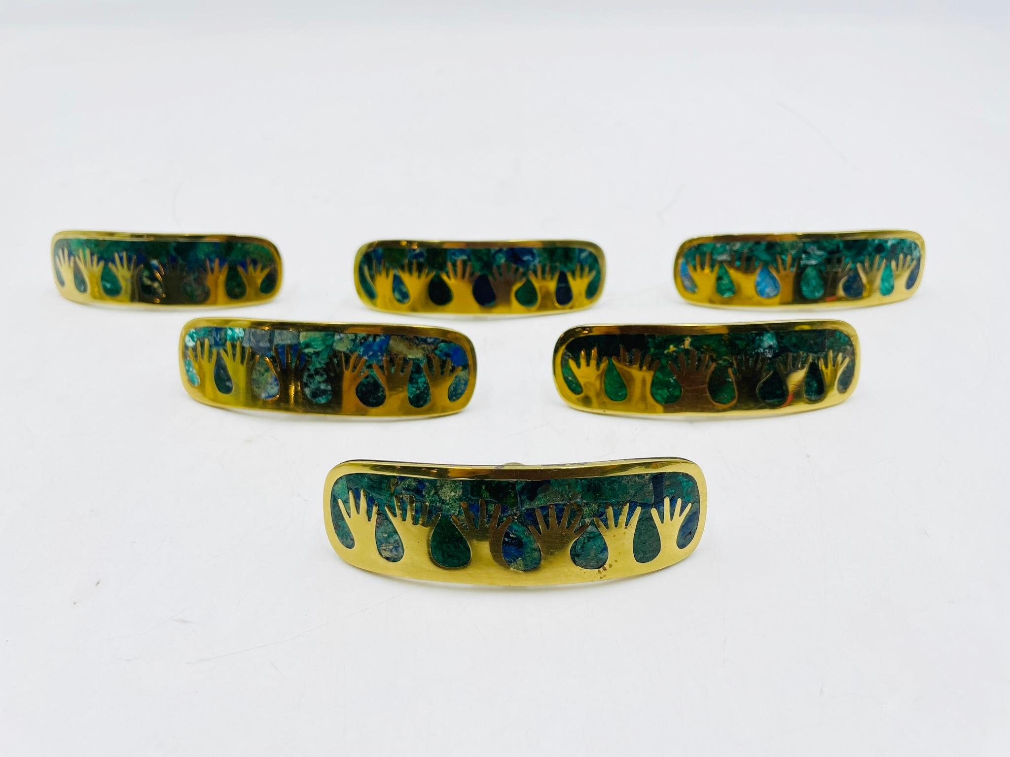 Mid-20th Century Set of Six Cabinet Pulls in Brass & Stone Inlay by Los Castillo, Mexico 1950's For Sale