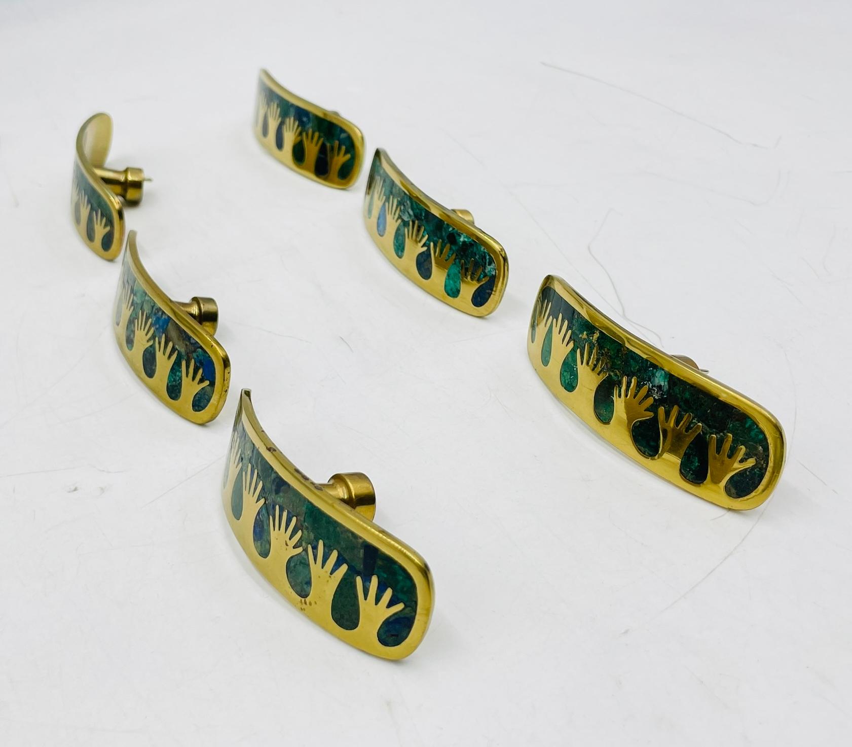 Set of Six Cabinet Pulls in Brass & Stone Inlay by Los Castillo, Mexico 1950's For Sale 1