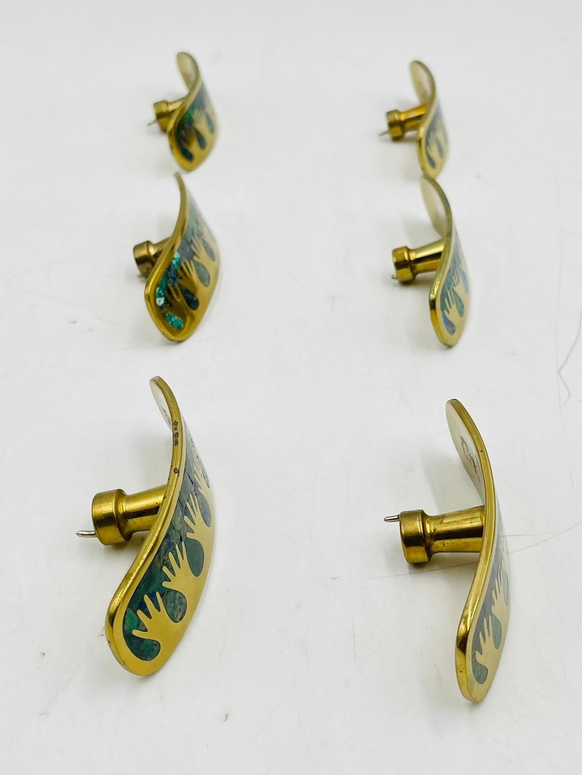 Set of Six Cabinet Pulls in Brass & Stone Inlay by Los Castillo, Mexico 1950's For Sale 2