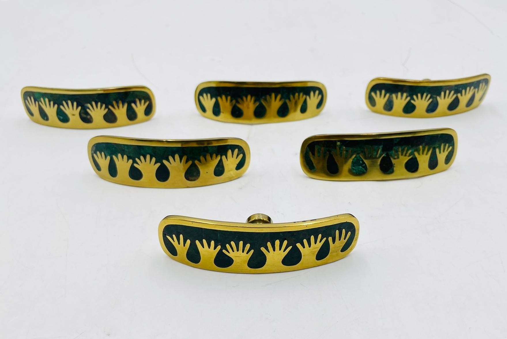 Set of Six Cabinet Pulls in Brass & Stone Inlay by Los Castillo, Mexico 1950's For Sale 3