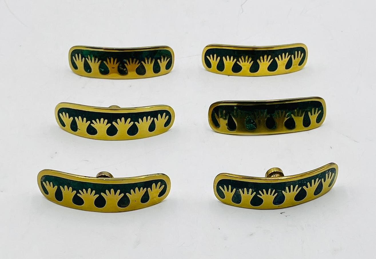 Set of Six Cabinet Pulls in Brass & Stone Inlay by Los Castillo, Mexico 1950's For Sale 4