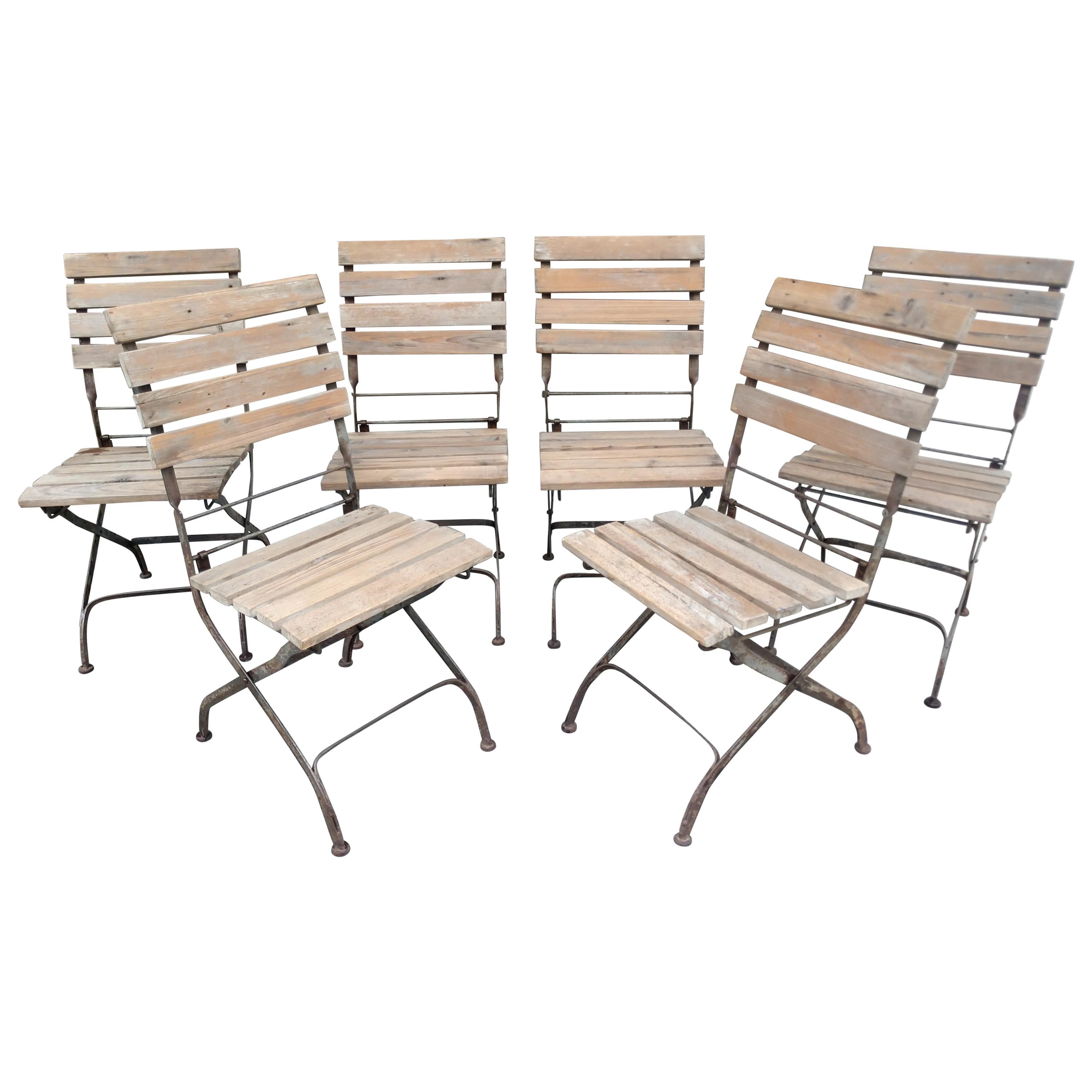 Set of Six Cafe Bistro Folding Outdoor Dining Chairs Iron & Wood