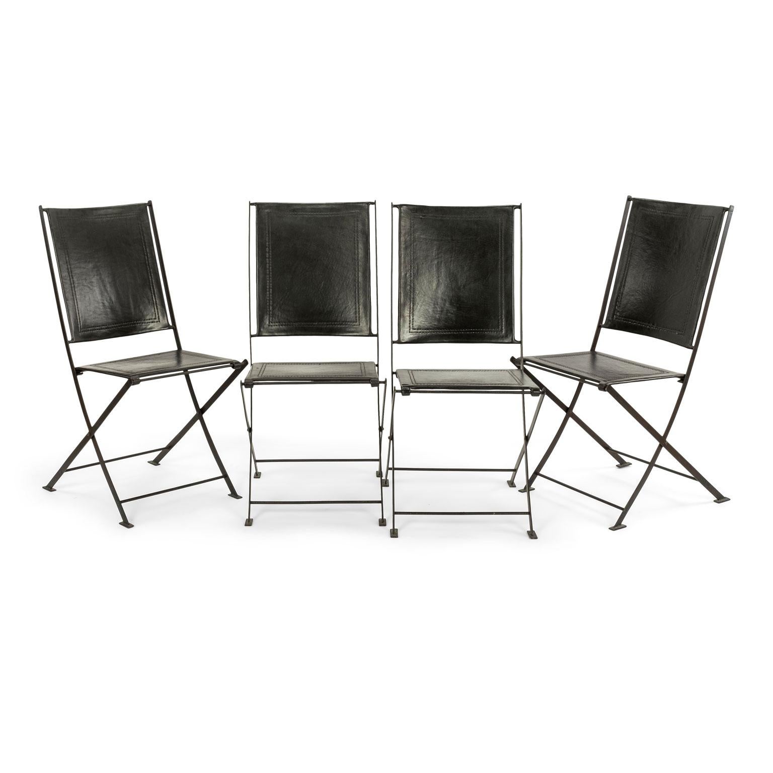 Set of Six Campaign Style Leather and Steel Dining Chairs 4