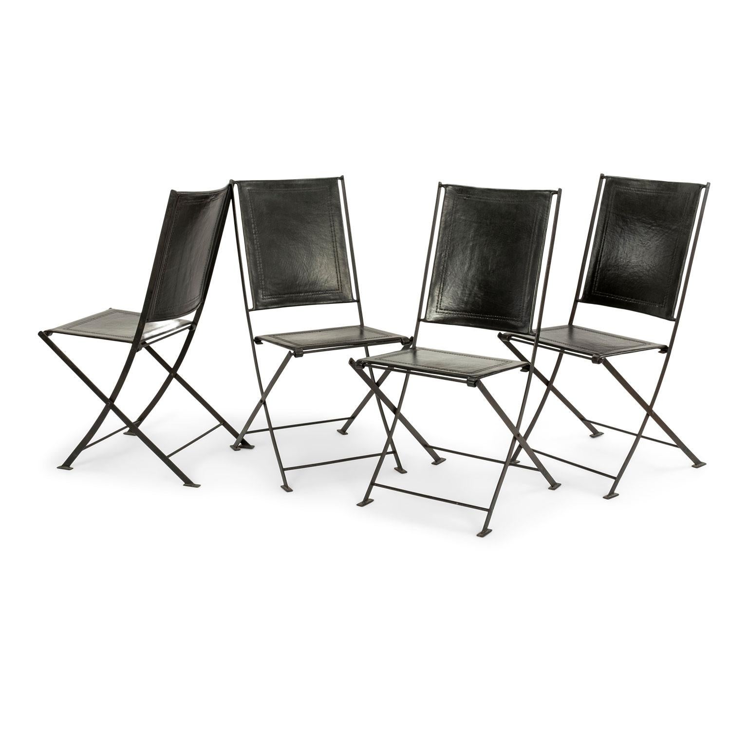 Set of Six Campaign Style Leather and Steel Dining Chairs 8