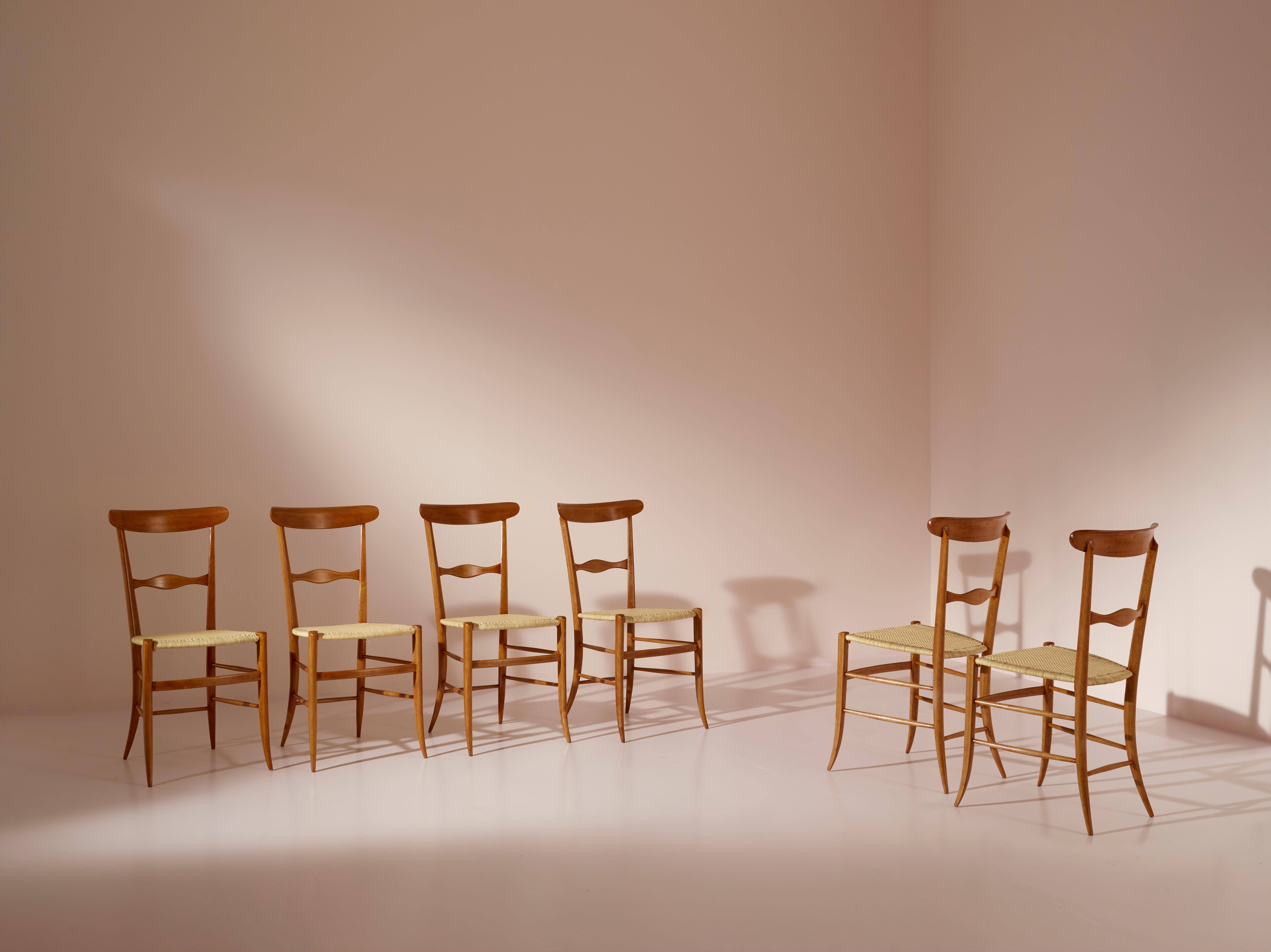 Italian Set of Six Campanino Chairs by Fratelli Podestà, Chiavari 1960s, New Woven Cane