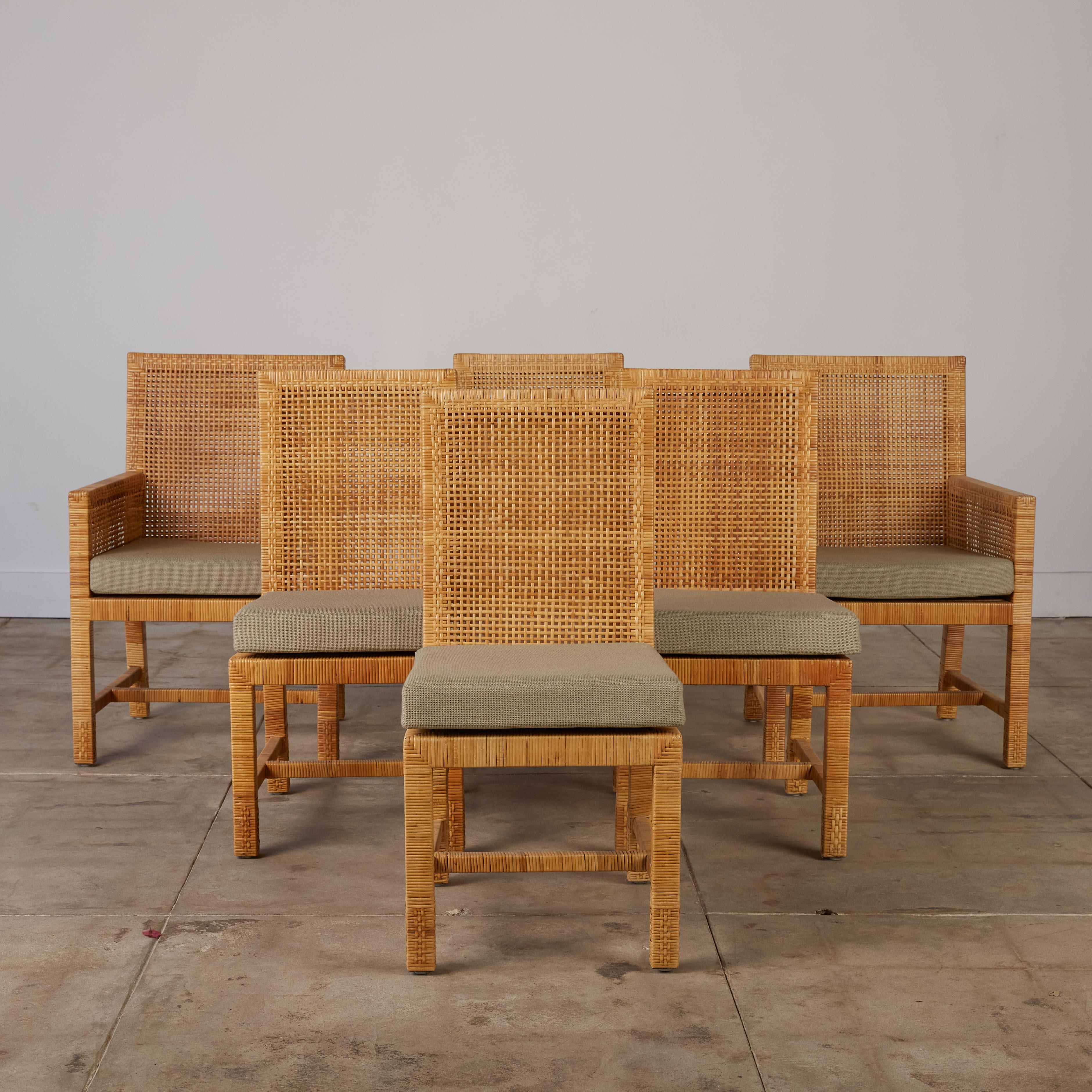 A set of six Parsons collection dining chairs by Danny Ho Fong for Tropi-cal with four side chairs and two captain chairs. Like the namesake Parsons table, the seating group features square legs set flush with the corners of the wooden chair frame.