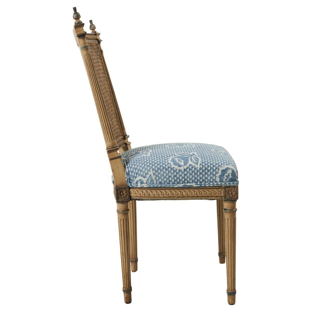 Neoclassical Set of Six Caned Dining Chairs with Schumacher Fabric