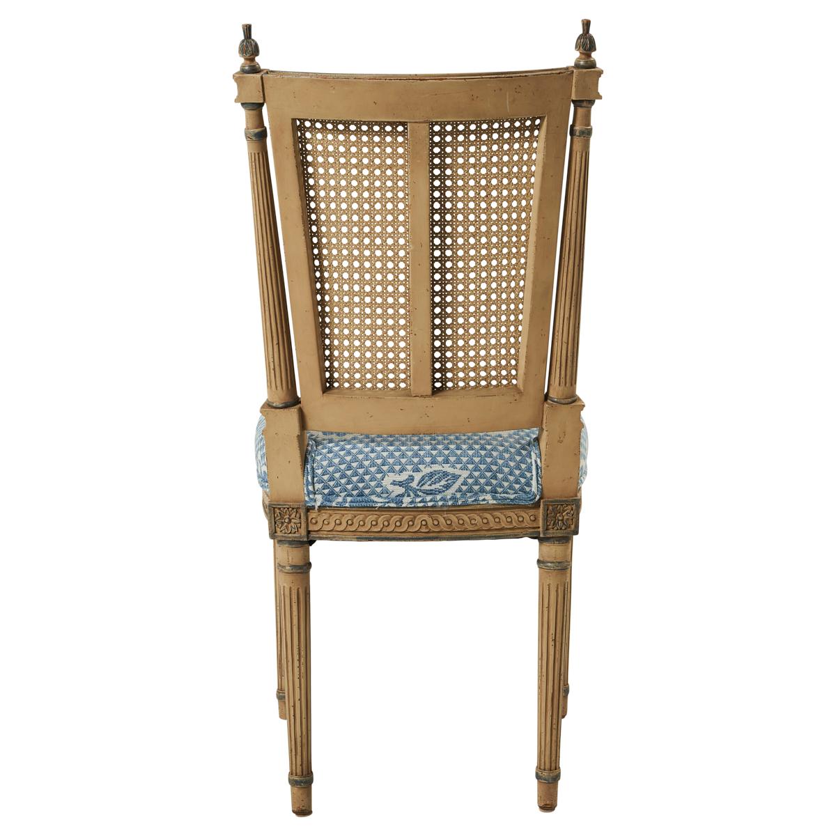 French Set of Six Caned Dining Chairs with Schumacher Fabric