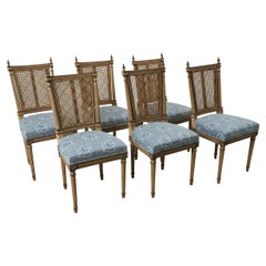 Set of Six Caned Dining Chairs with Schumacher Fabric
