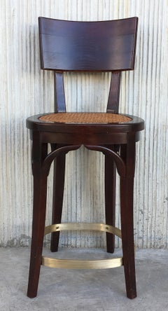 Set of Six Caned Seat and Wood Back Bar Stools