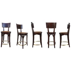 Vintage Set of Six Caned Seat and Wood Back Bar Stools