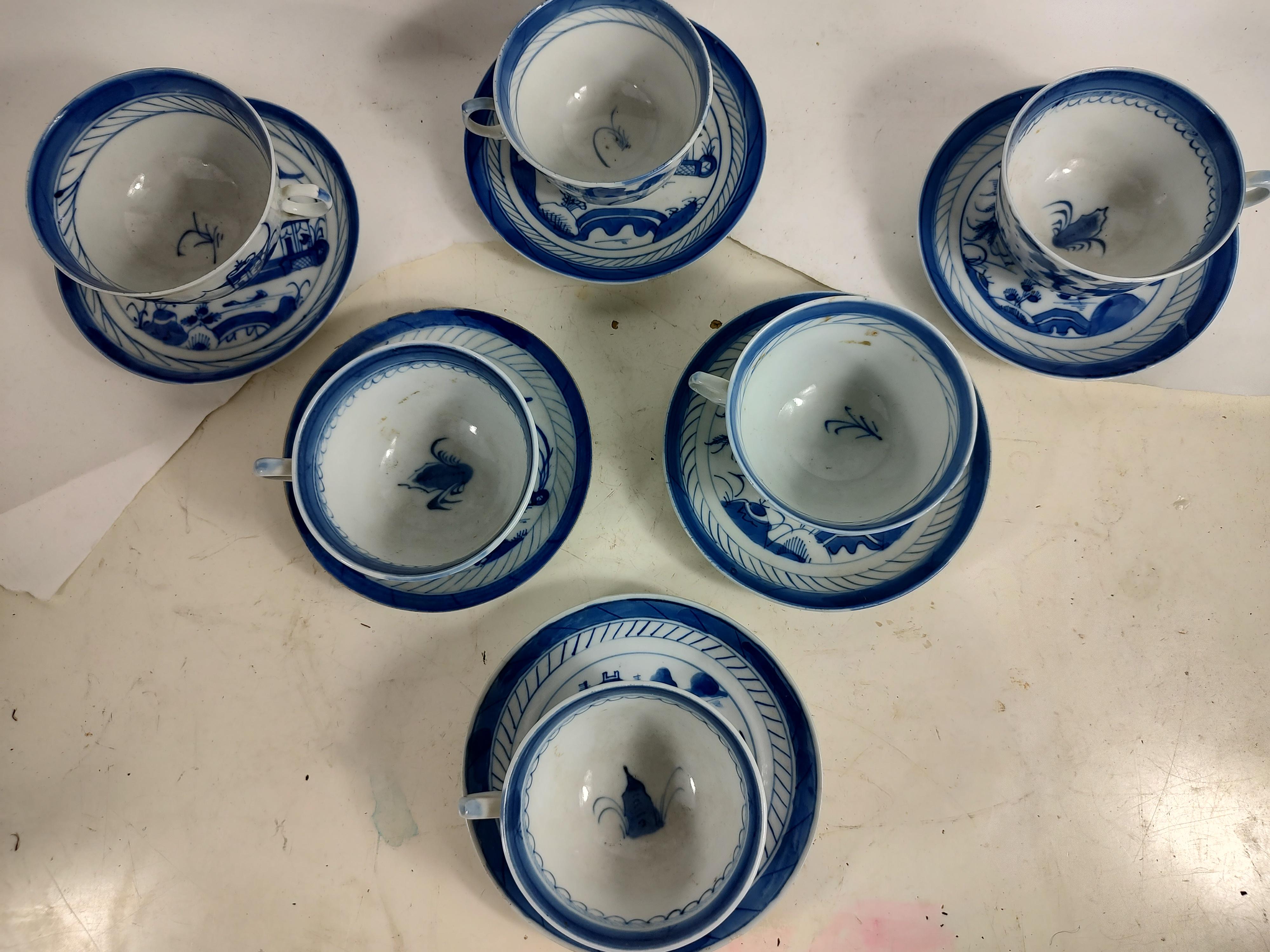 Set of Six Cantonese Blue & White Teacups with Saucers 19thC Early 20thC  For Sale 1