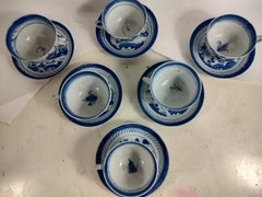 Set of Six Cantonese Blue & White Teacups with Saucers 19thC Early 20thC