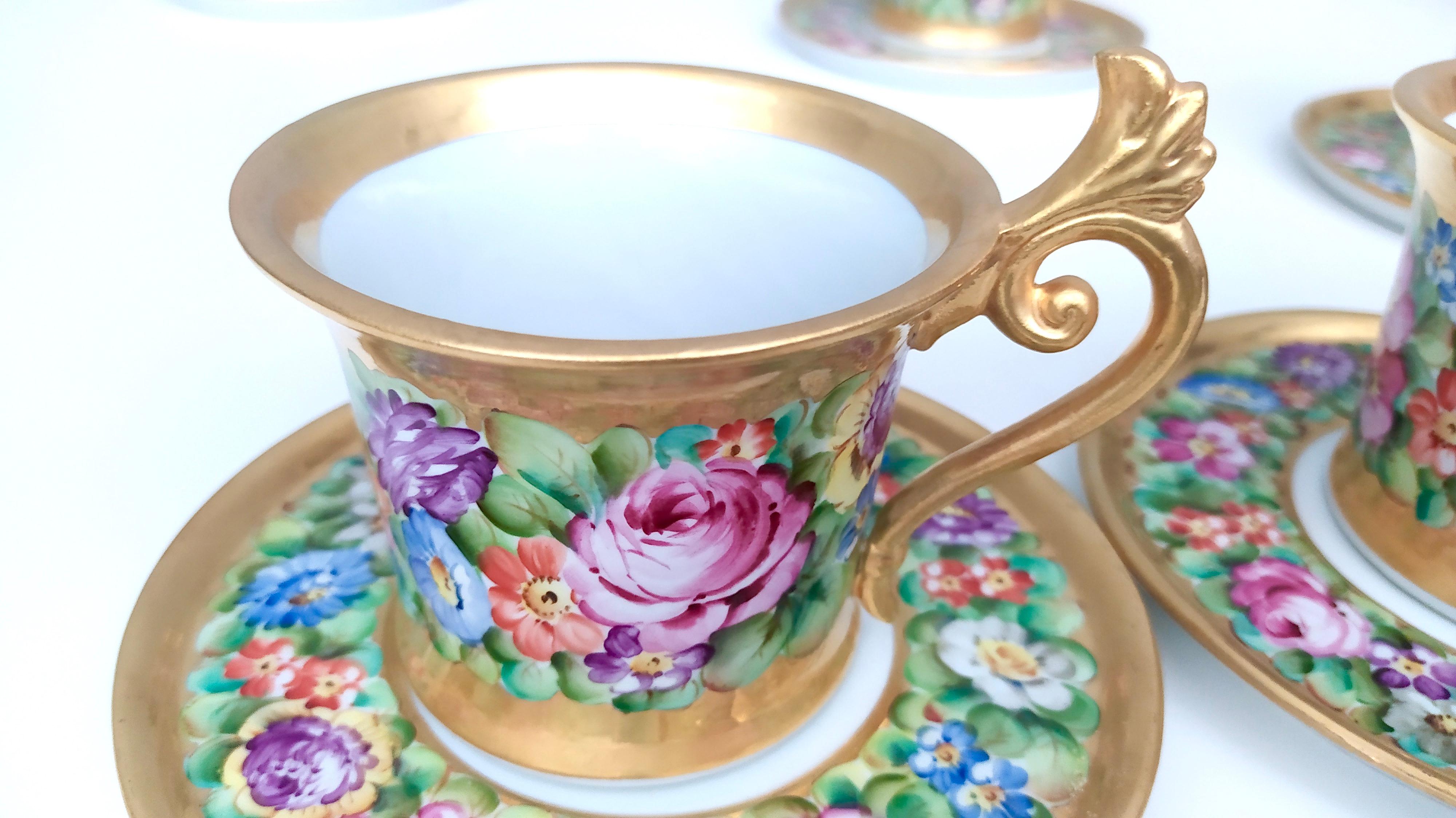 Hand-Painted Set of Six Capodimonte Porcelain Tea /Coffee Cups with Floral Motifs, Italy For Sale