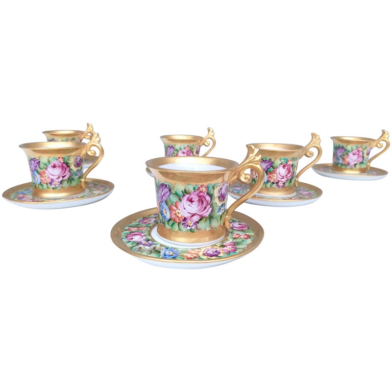 Set of Six Capodimonte Porcelain Tea /Coffee Cups with Floral Motifs