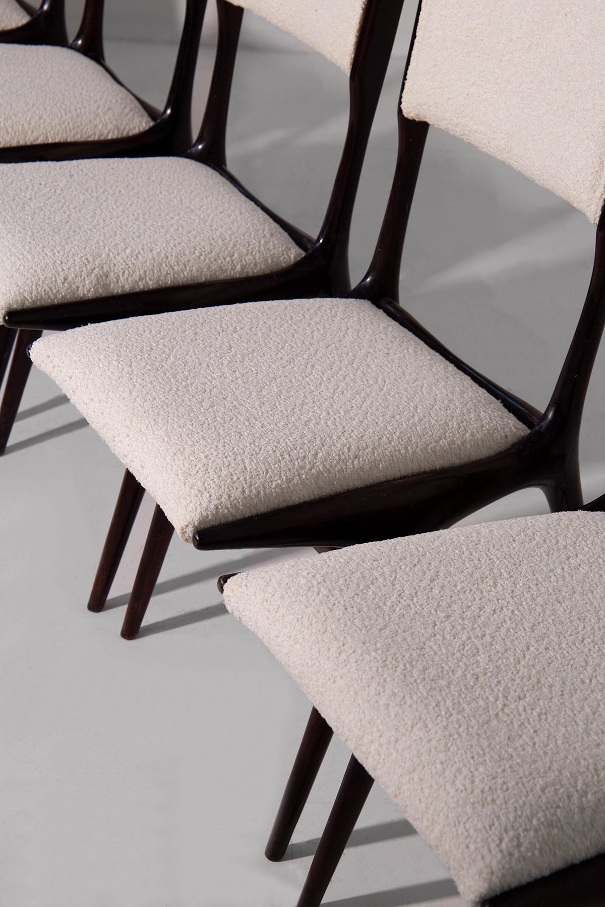 Bouclé Set of six Carlo De Carli chairs in white bouclè For Sale
