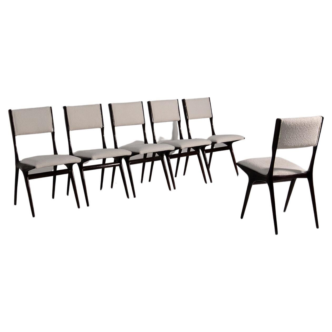 Set of six Carlo De Carli chairs in white bouclè