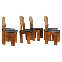 Set of six Carlo Scarpa Walnut and Black Leather Chairs for Bernini, Italy, 1977