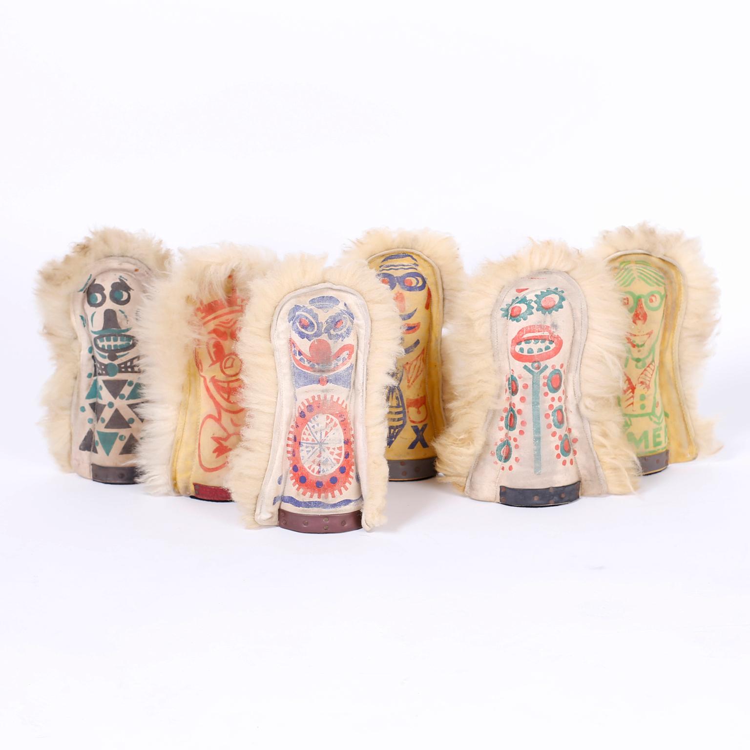 Hand-Painted Set of Six Carnival Knockdown Dolls For Sale