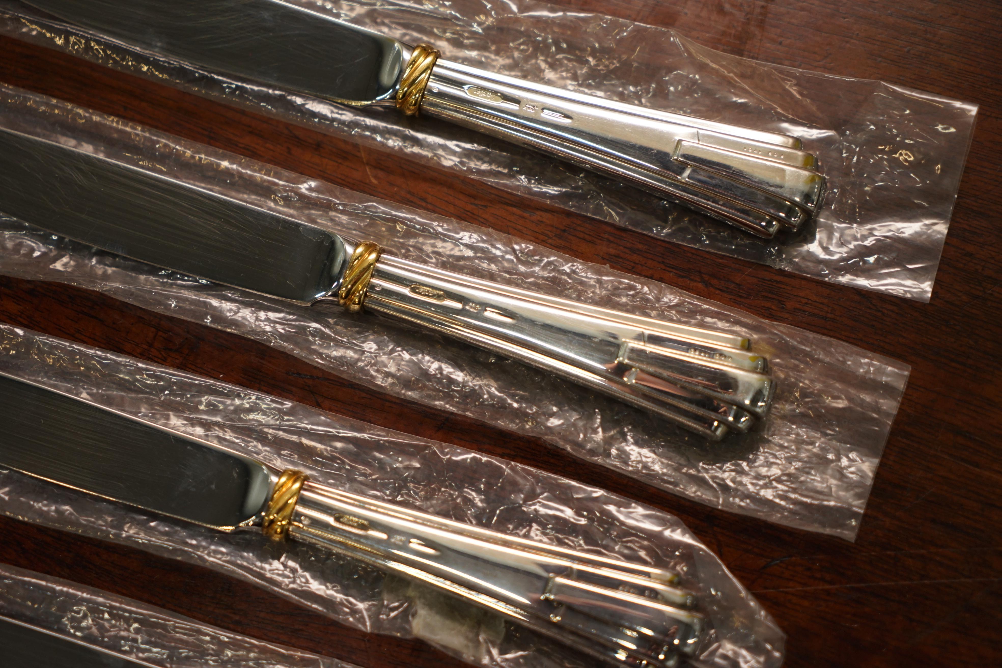 Set of Six Cartier Solid Sterling Silver & Gold Cutlery Dining Knives 6 2