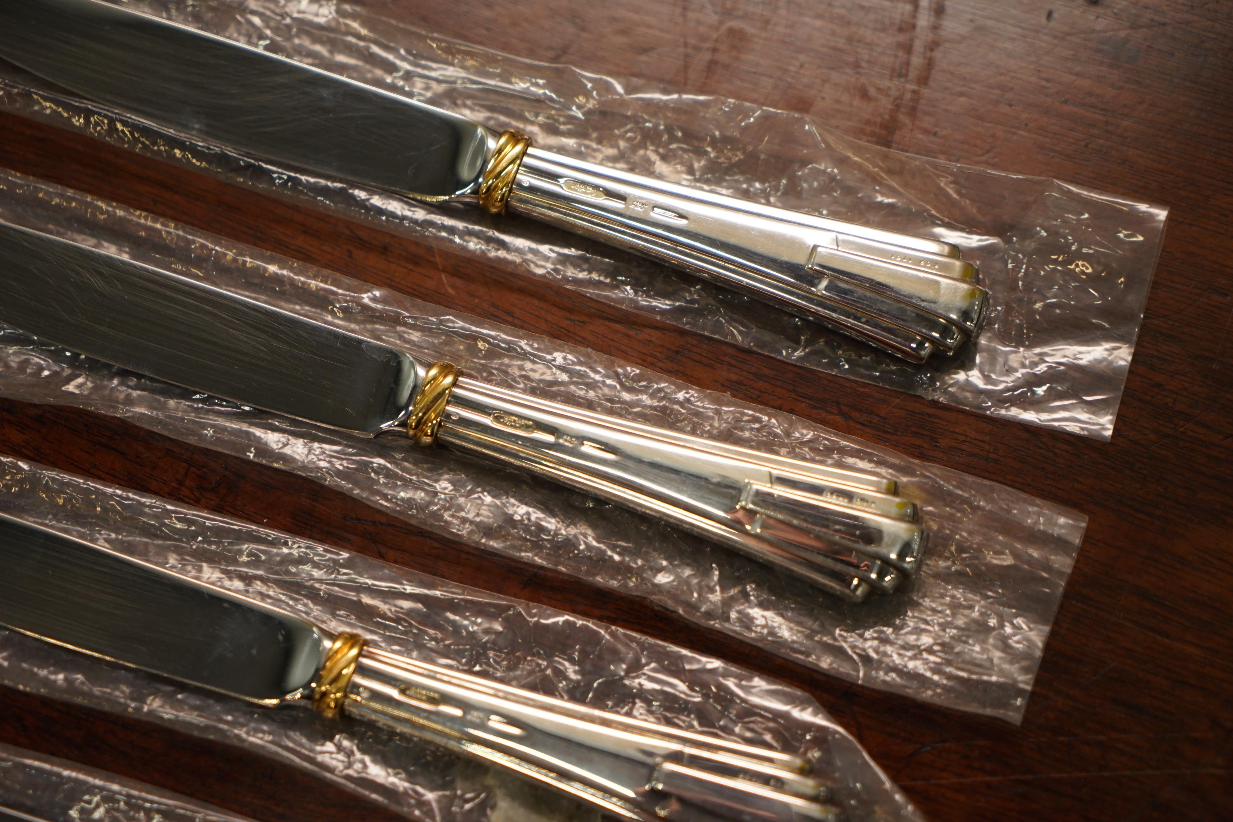 Set of Six Cartier Solid Sterling Silver & Gold Cutlery Dining Knives 6 3