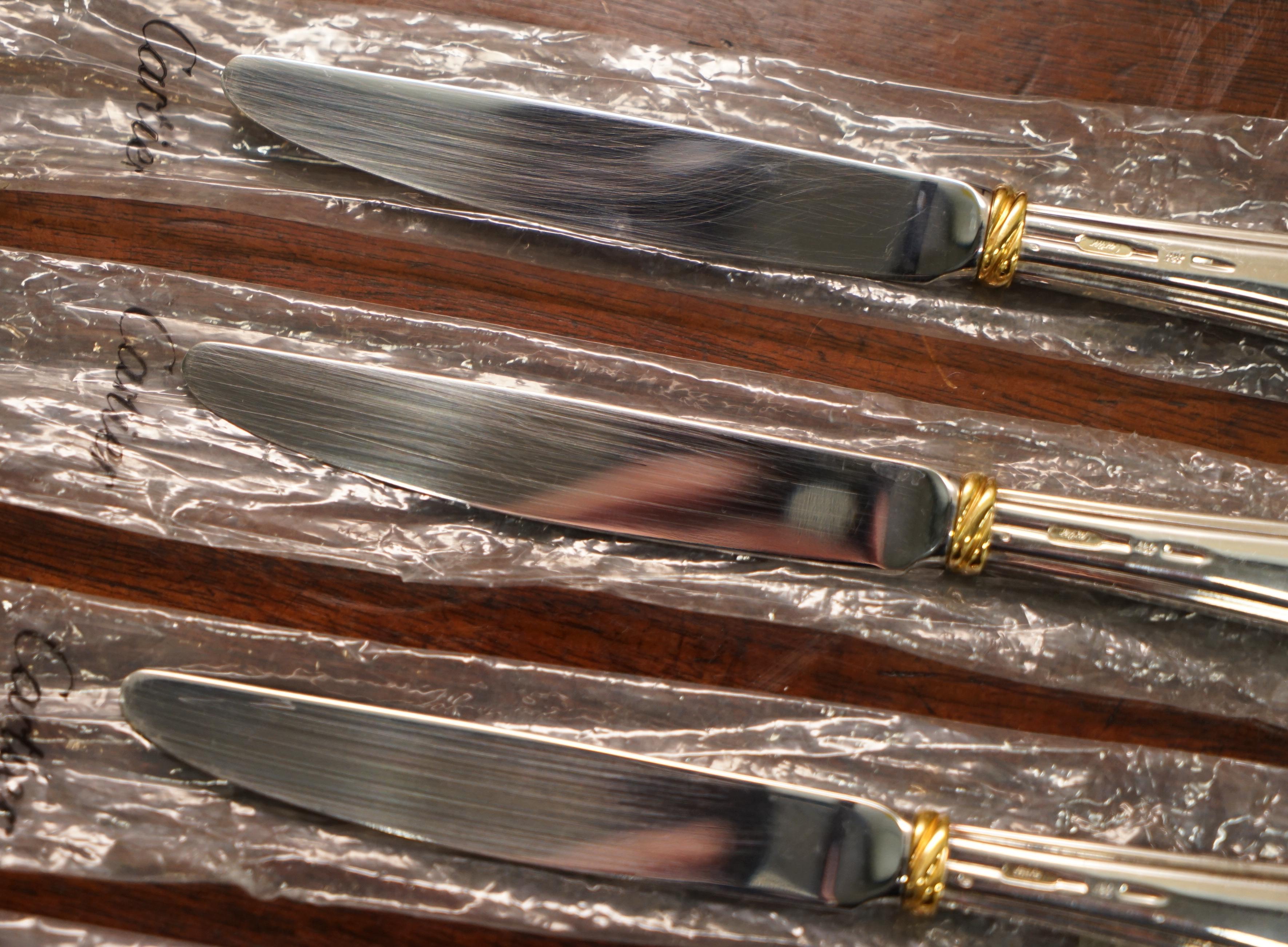 Set of Six Cartier Solid Sterling Silver & Gold Cutlery Dining Knives 6 4