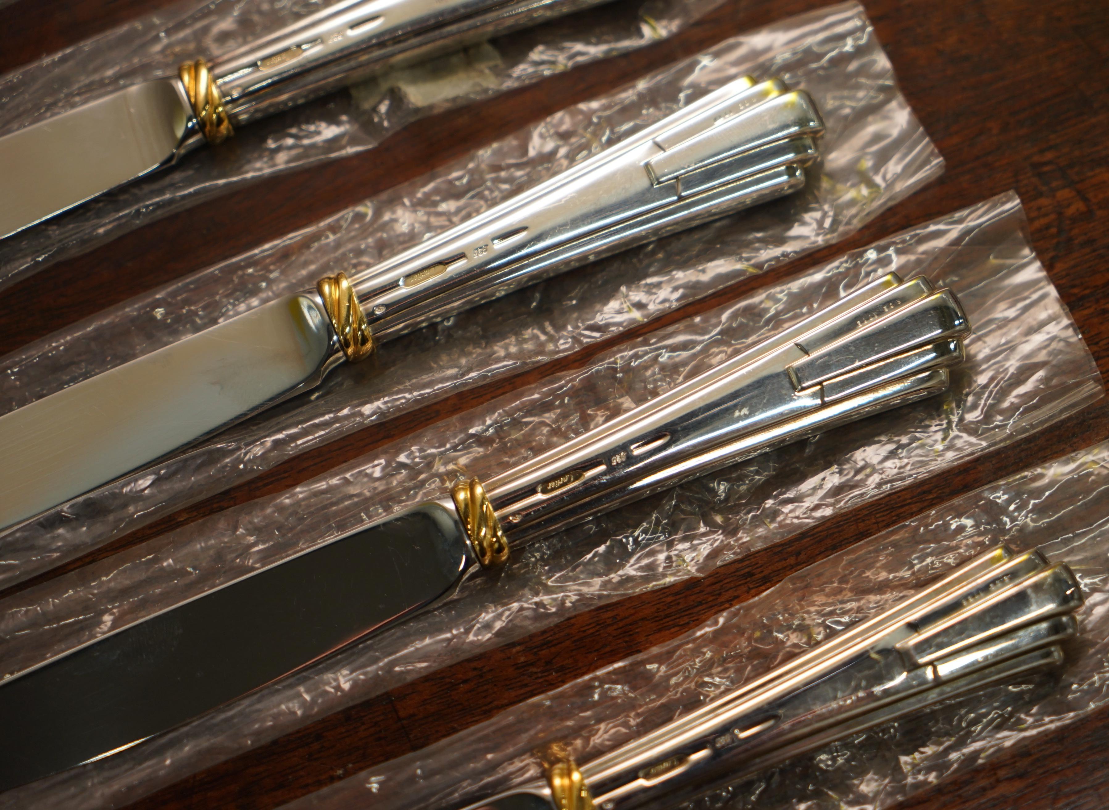Set of Six Cartier Solid Sterling Silver & Gold Cutlery Dining Knives 6 6